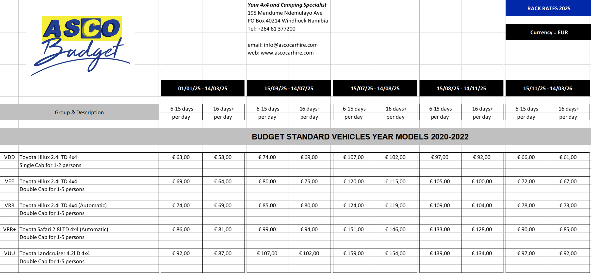 Asco Car Hire Rates 2025 Budget Standard Vehicles