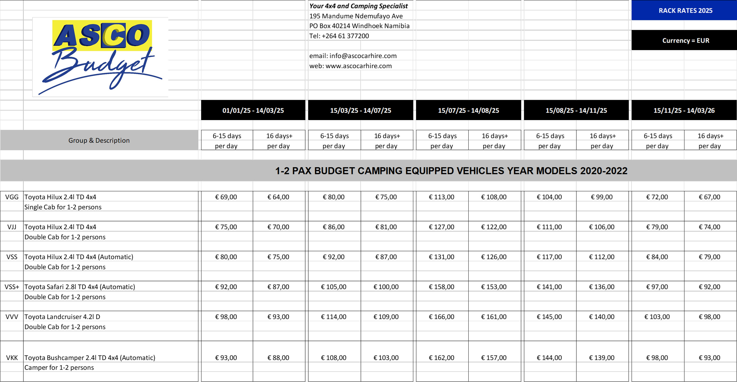 Asco Car Hire Preise 2025 Budget Camping Mietwagen 1-2 personen