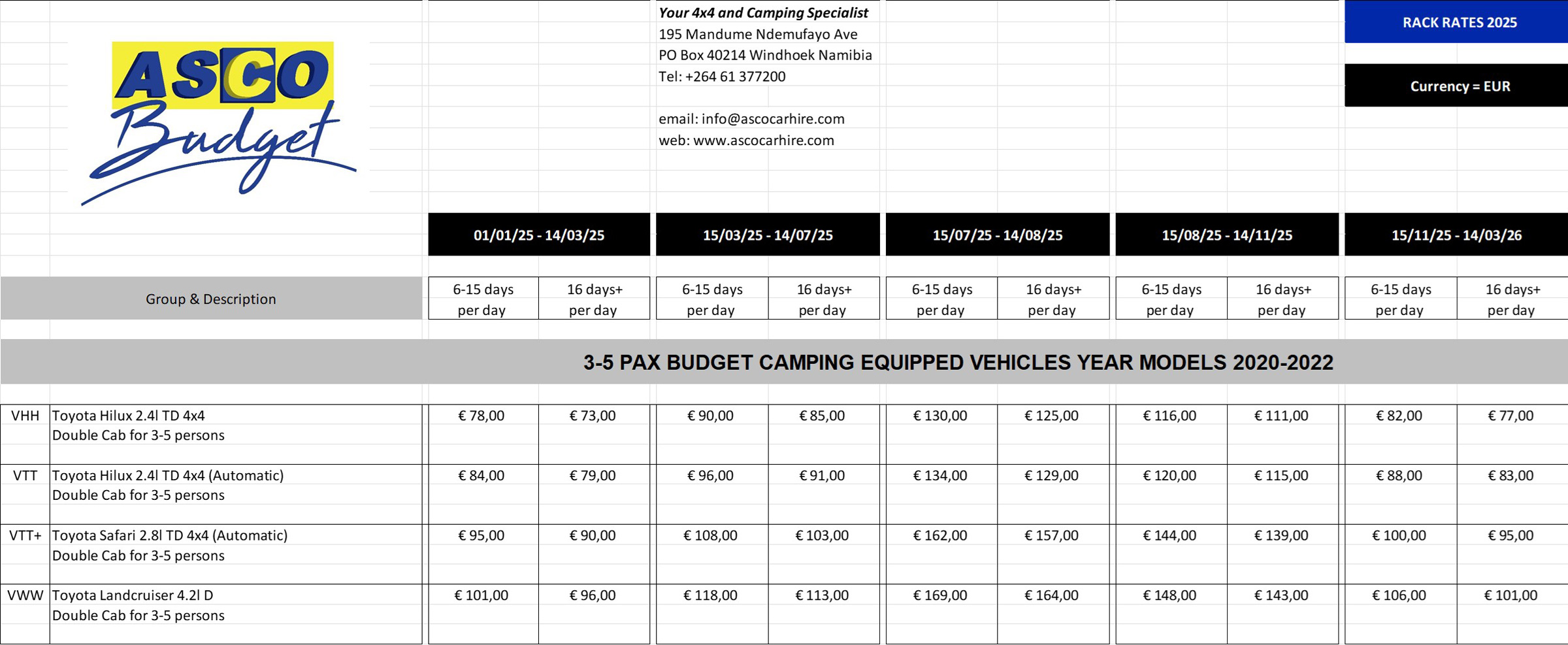 Asco Car Hire Preise 2025 Budget Camping Mietwagen 3-5 personen