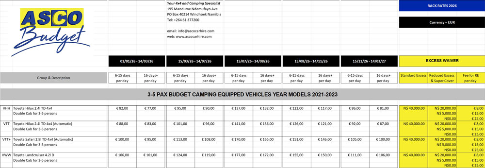 Asco Car Hire Preise 2026 Budget Camping Mietwagen 3-5 persons