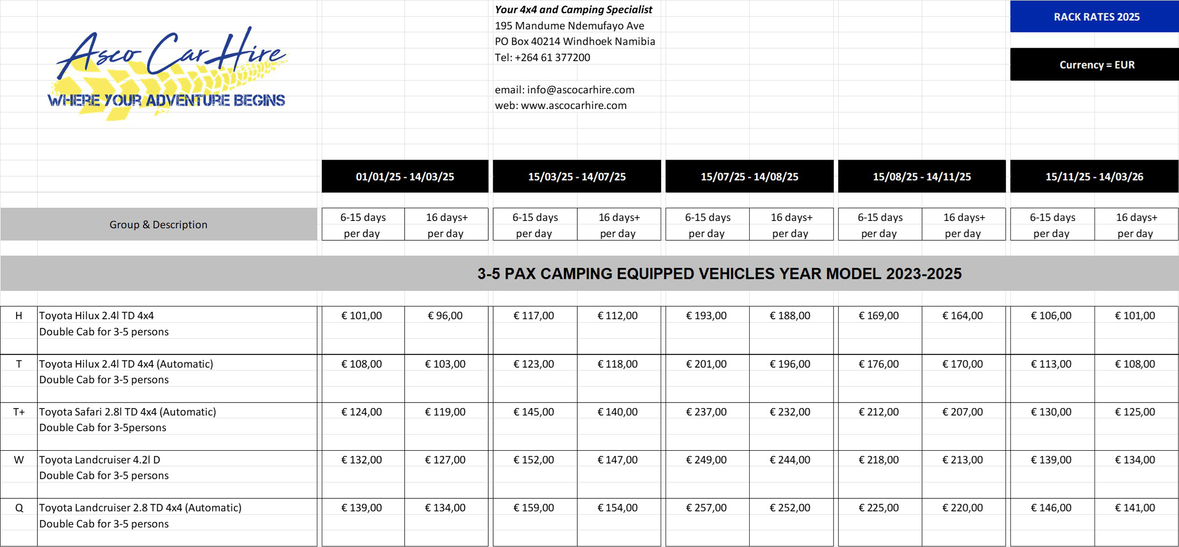 Asco Car Hire Rates 2025 Camping Vehicles 3-5 persons