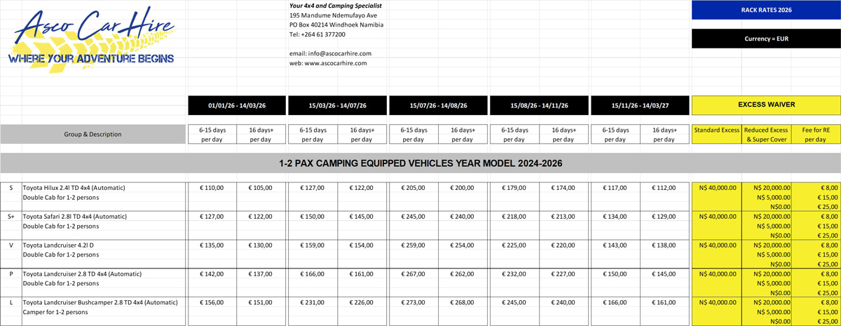 Asco Car Hire Rates 2026 Camping Vehicles 1-2 persons