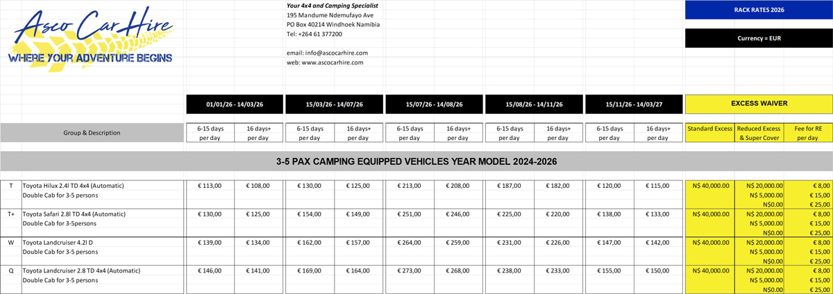 Asco Car Hire Rates 2026 Camping Vehicles 3-5 persons