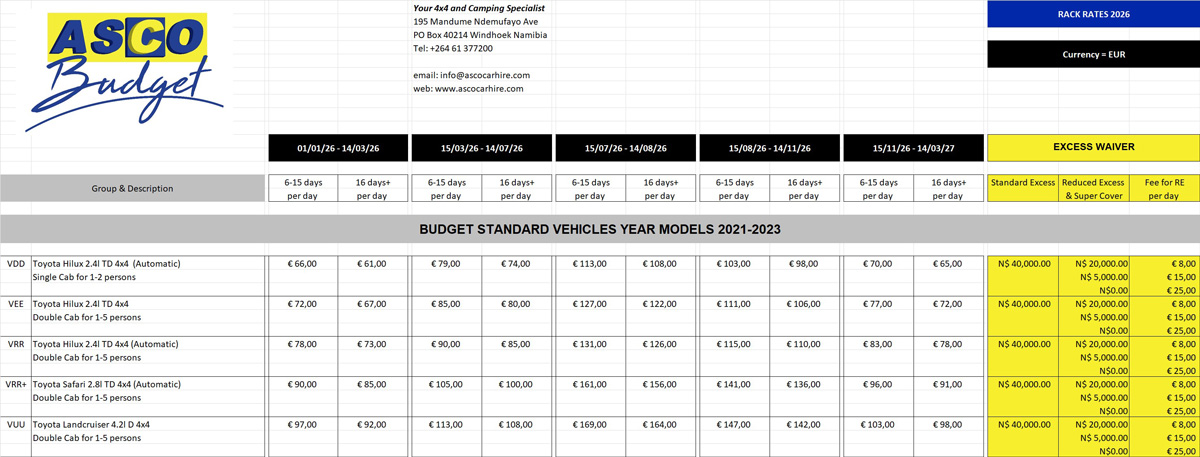 Asco Car Hire Rates 2026 Budget Standard Vehicles